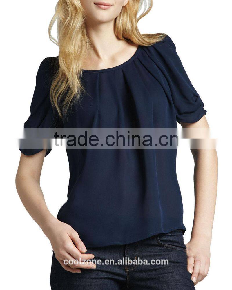 Latest pleated neck puffed shoulders silk blouse elegant silk blouses models