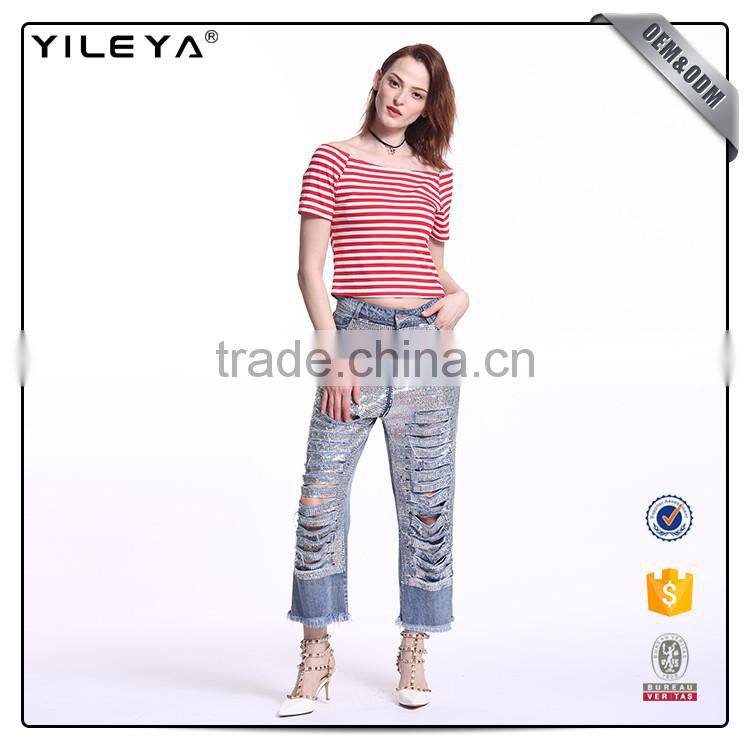 Customizable boat neck design stripe t-shirt women