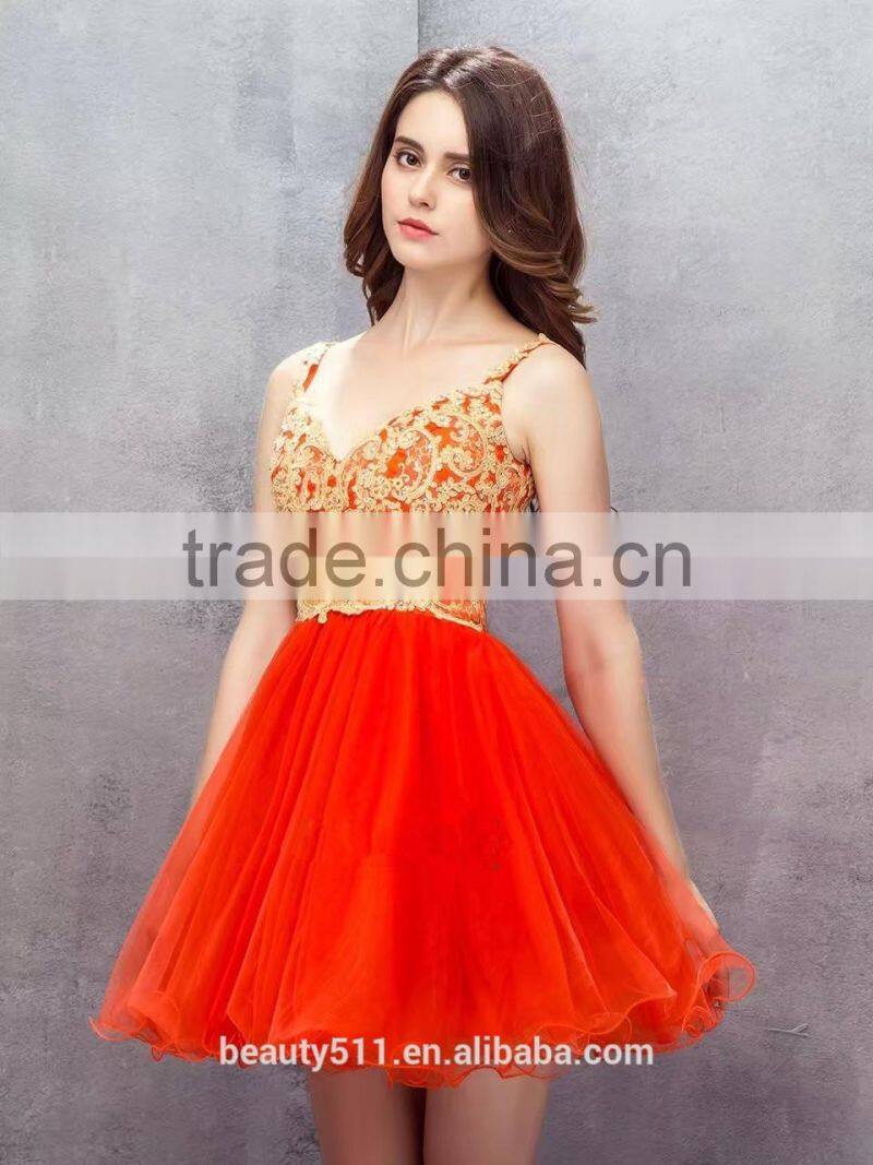 New Fashion Design 2015 Square Neckline Spaghetti Strap Sleeveless Knee-length Lace Short Girl Party Evening Dresses ED580