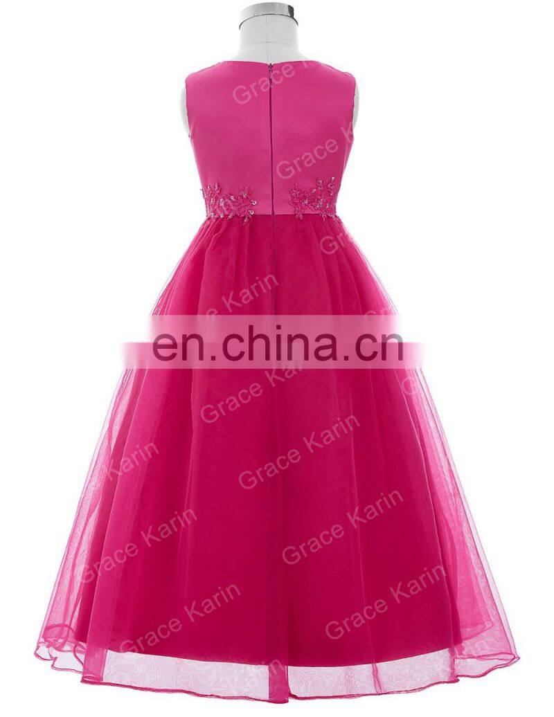 Grace Karin Full-Length Sleeveless Deep Pink Voile Satin Long Flower Girl Dress New Model Girl Dress 7~12 Years Old CL4491-3