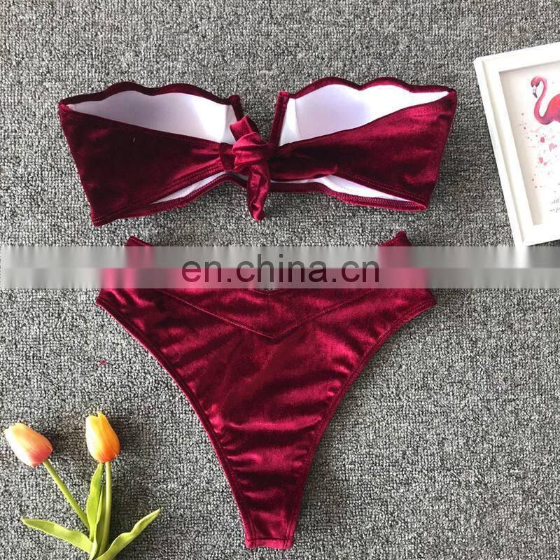 Velvet Solid Bikinis Women Two Pieces Swimwear 2019 Girl Beach Bathing Suit Bandeau Swimming Suit for Women High Waist Swimsuits