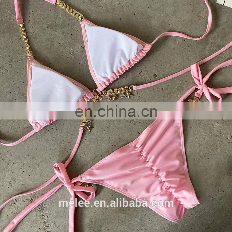 Women Swimwear Set Beach Bathing Suit Swimsuit Rhinestones Glitter Diamond Gems Crystal Bikinis 2020 swimwear beachwear