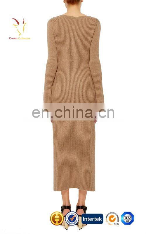 Tan V Neck Cashmere Sweater Dresses for Women