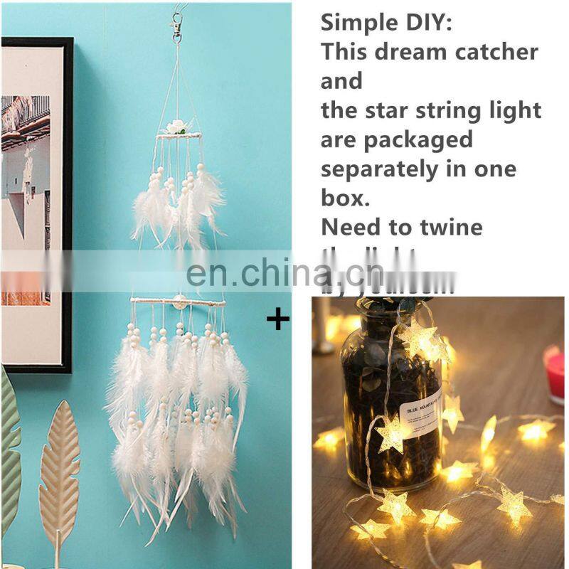 Boho Party Nursery Decor Ceiling Double Circle White Featherwith LED Fairy Lights Wall Hanging Ornaments Dream Catcher