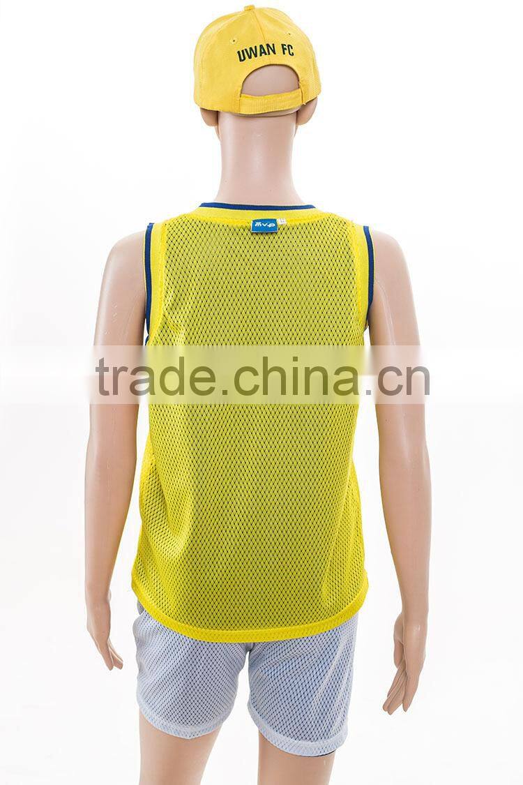 yellow contrast blue mesh fabric digital printing sleeveless basketball uniforms yellow