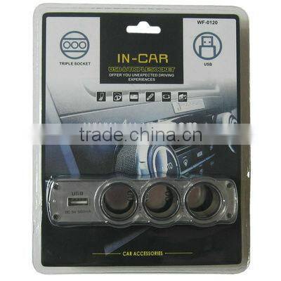 12V / 24V 3 Way Triple Sockets USB Car Cigarette Lighter Socket Splitter Charger