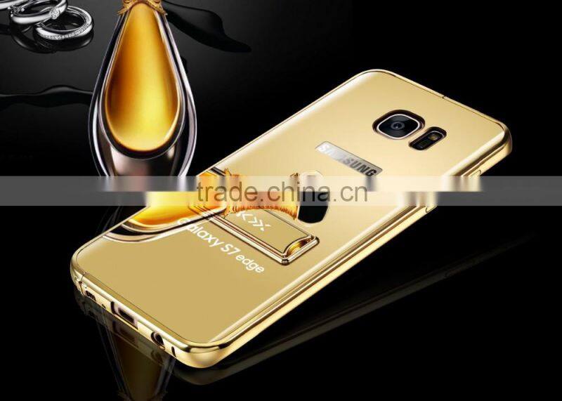 KXX Gold Series Stainless steel Bumper with Acrylic backplaneck Case for Samsung S7 edge Luxury Mirror Back Stand Case MT-5580