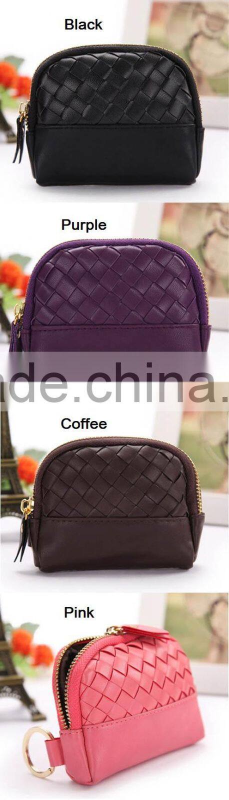 Women mini faux leather zipper coin bag with keyring