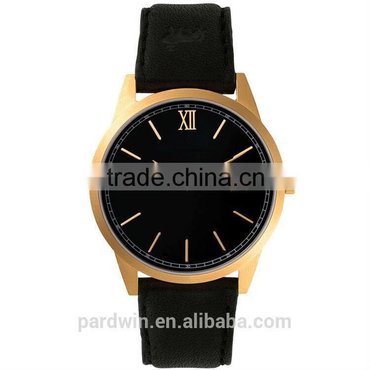 2 Hands watch movement with date function PVD stainless steel case and buckle 5ATM water resistant smooth navy leather strap