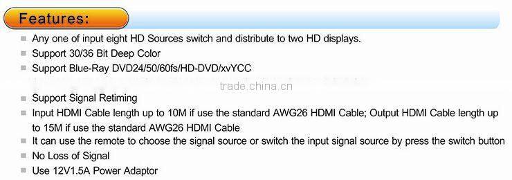 8x2 hdmi switch splitter with RS232 , IR and digital audio output