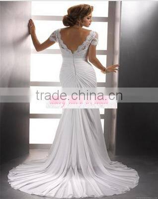 2015 Custom Made Chiffon Short Sleeve Pleat Applique Lace Wedding Dress Bride Gown