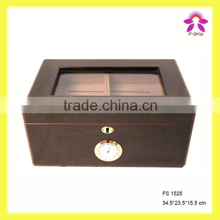 Noble Exquisite Wooden Luxury Fabric Cigar Humidor Gift Boxes with Glass Lid Cabinet Hygroscope Storage Glasstop Tobacco Box