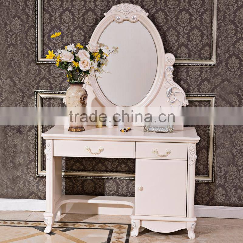Luxury Antique European French Baroque Style Ivory White Hand Carved Wooden MDF Vanity Dressing Table Set