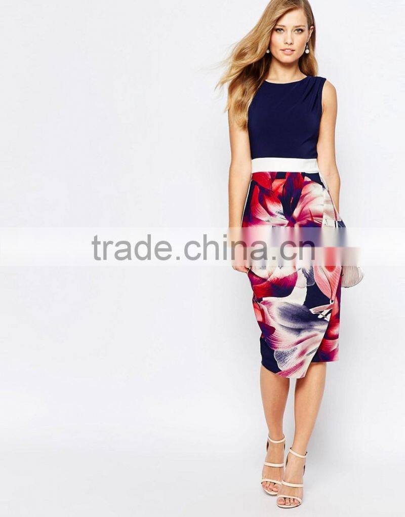 2016 OEM&ODM Wholesale High Quality Pencil Dresses With Navy Floral