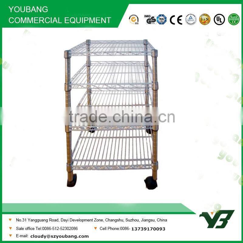 2015 hot sell NSF 50KGS light duty 4 layer corner chrome metal wire display rack with 4 wheels (YB-WS012)