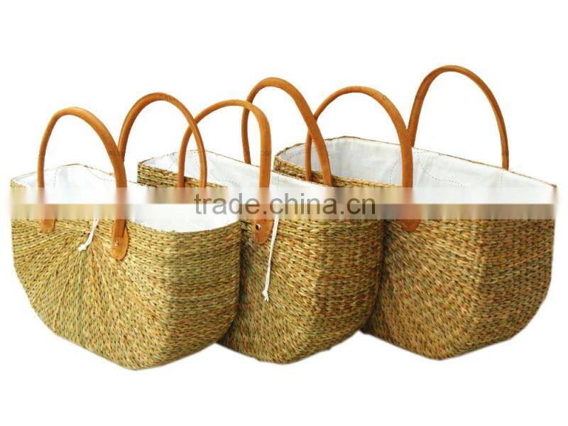 High quality best selling natural and black water hyancinth bag with leather handle from vietnam