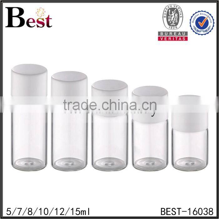 5 / 7 / 8 / 10 /12ml insert, plug sealing type clear tube glass bottle with white plastic cap