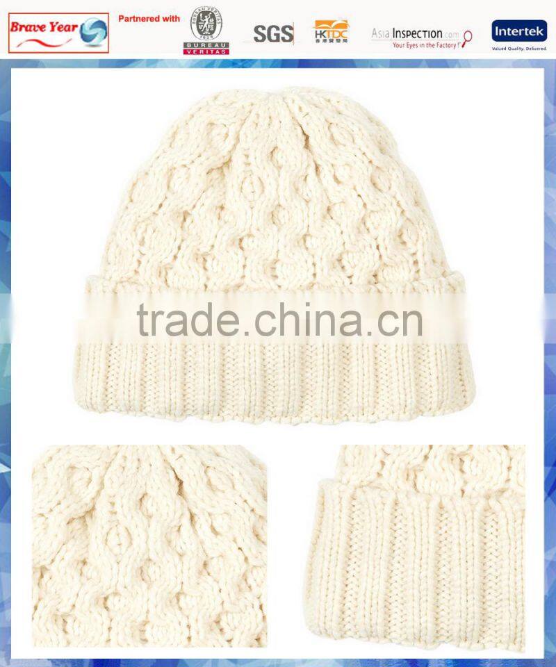 white circles cable knit fashion hat beanie with ribbed turn-up