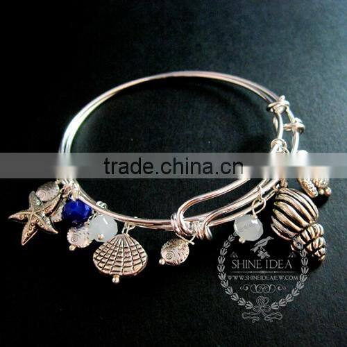 antiqued silver ocean sea shell fish blue glass bead charms wiring bangle bracelet fashion women jewelry 6440010