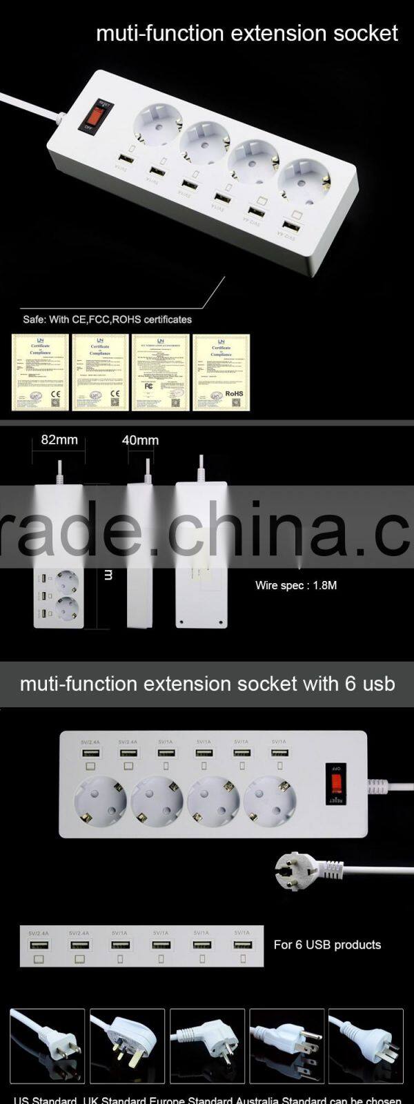 2016 new electric socket surge protector retractable smart 6 usb power strip
