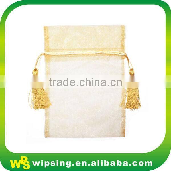 White Organza Pouch with Printed Ribbon Drawstring