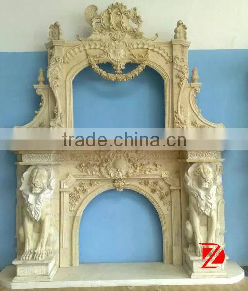 stone indoor double fireplace with lion statue