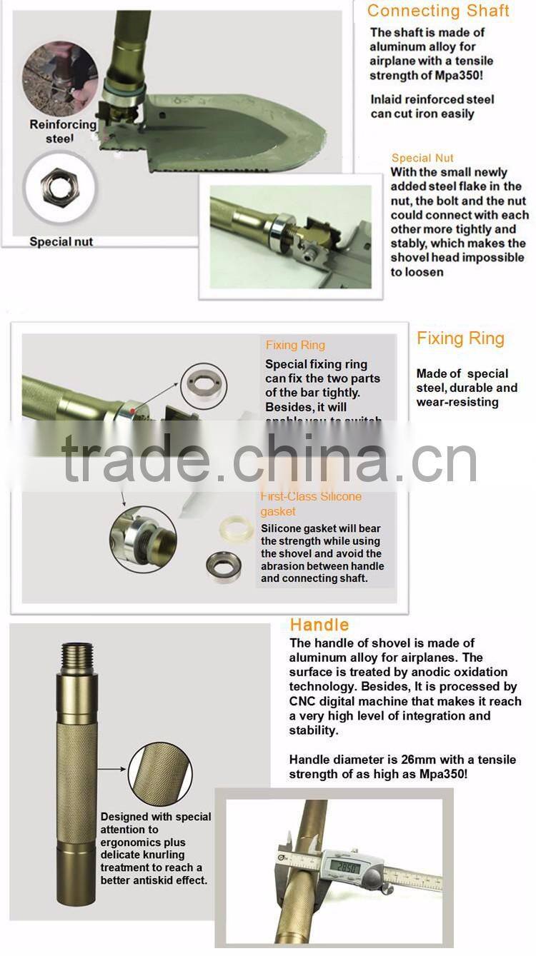 Heavy-Duty Multi-function Tactical Shovel with Hoe Hammer Knife Flashlight Fire Starter