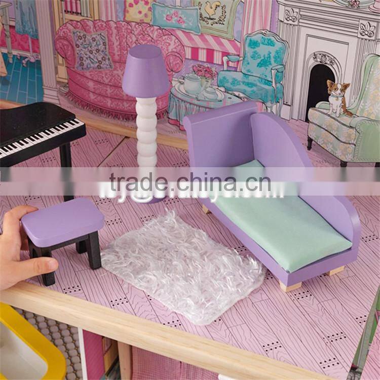 New design luxurious and attractive 34 furniture pieces girls wooden doll house toys W06A217