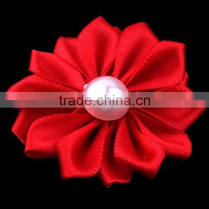 satin ribbon flower with pearl bead center for kids hair accessories