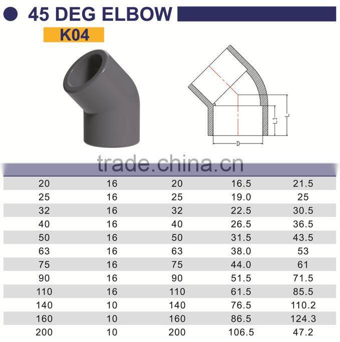 HIGH QUANLITY 45 DEG ELBOW OF PVC GB INDUSTRIAL PRESSURE PIPES & FITTINGS FOR WATER SUPPLY