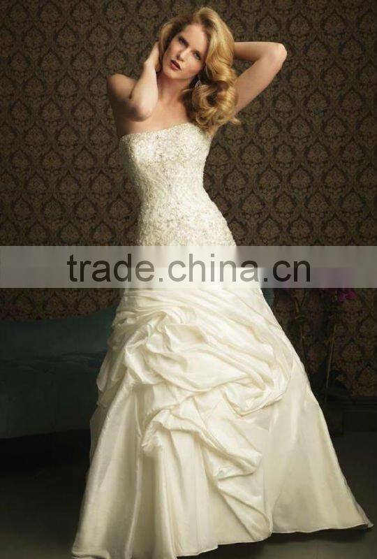 beautiful white satin sleeveless lace wedding gown