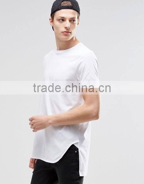 Wholesale men 100% coton super longline stepped hem plain white t-shirt in bulk