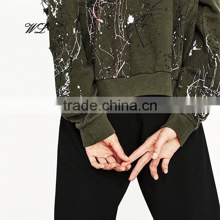 2017 Custom Distress Metallic Printed Lady Pullover Crewneck Plain Knit Fabric Sweatshirts