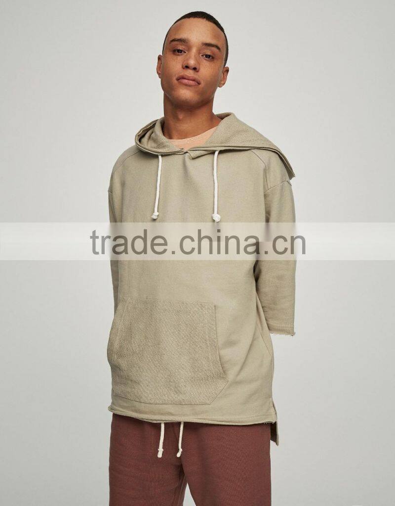 100% Cotton 3/4 Cropped Sleeves Men Blank Pullover Hoodie With Pocket