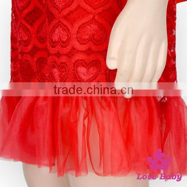 2017 New Design Children Party Red Lace Dress With Flower Belt Girl Skirt Vintage Lace Top Baby Frock