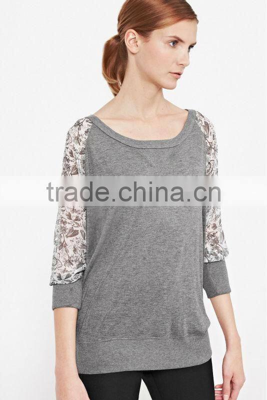100% Cotton Sweatshirt with Printed Chiffon Sleeve