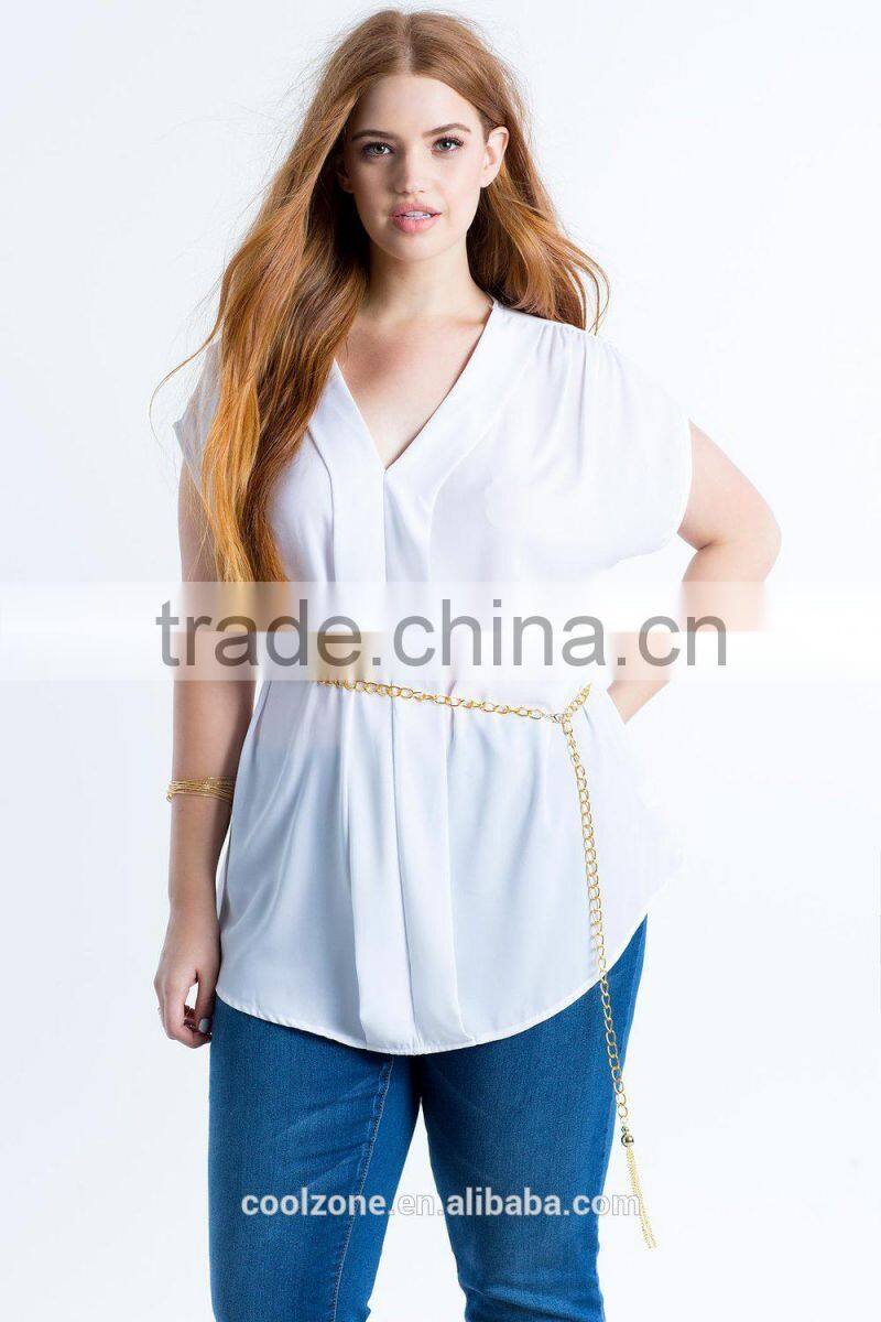 Relaxed V-neck pleated plus size chiffon blouse/woman top