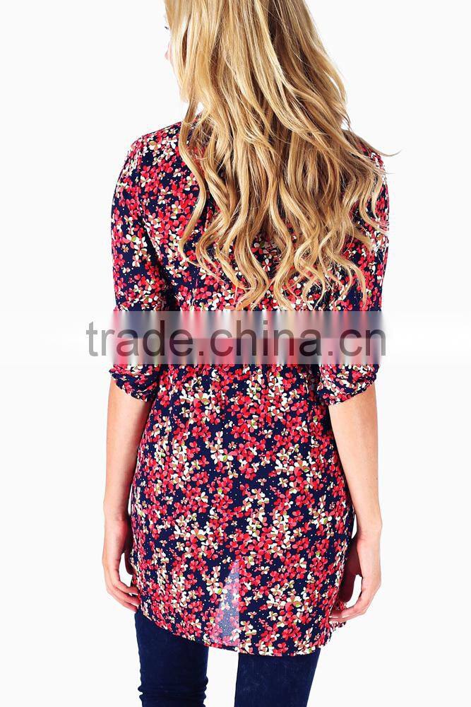NAVY BLUE RED FLORAL PRINTED CHIFFON MATERNITY/NURSING TUNIC