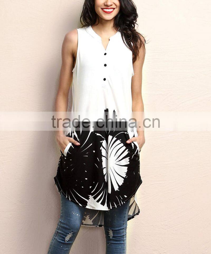 Fashionable Women Outwear With White And Black Floral Sleeveless Button-Front Tunic Women Tops Women Clothes GD90426-20
