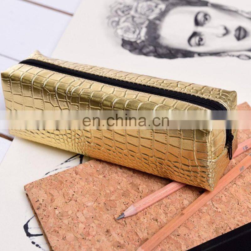 Square Pattern Pen Organiser Travel Golden PU Leather Pencil Case