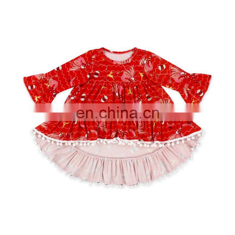 Hot selling baby girl fashion top dress printed floral Christmas style high-low top pompom dress baby clothes