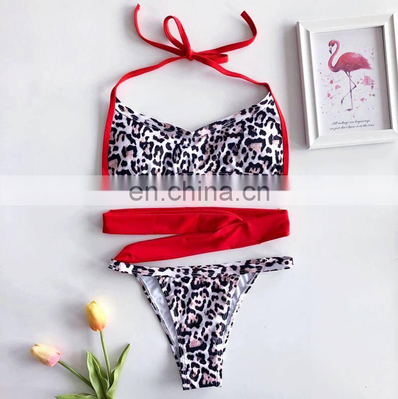 Sexy Leopard Bandage Bikini 2019 Thong Swimsuit Women Push Up Swimwear Halter Summer BeachWear High Cut Bikini Set Bath Suit