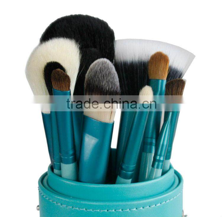 2 colors round leather case makeup brush set holder