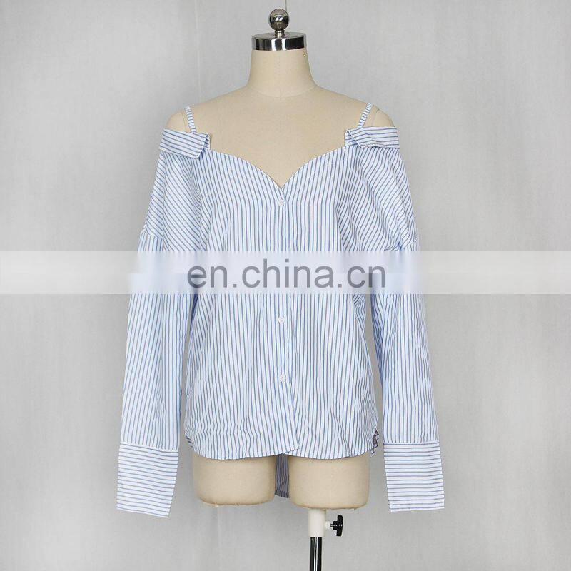 Wholesale custom women sexy through the shoulder strap button-down Stripe casual pleasure long-sleeved shirt women casual home w