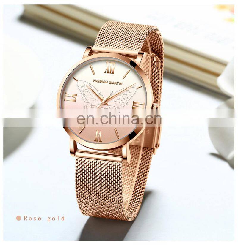Hannah Martin 13620 Women Watch Luxury 3D Butterfly Rose Gold Mesh Strap Japanese Movement Waterproof Quartz Women Wristwatch