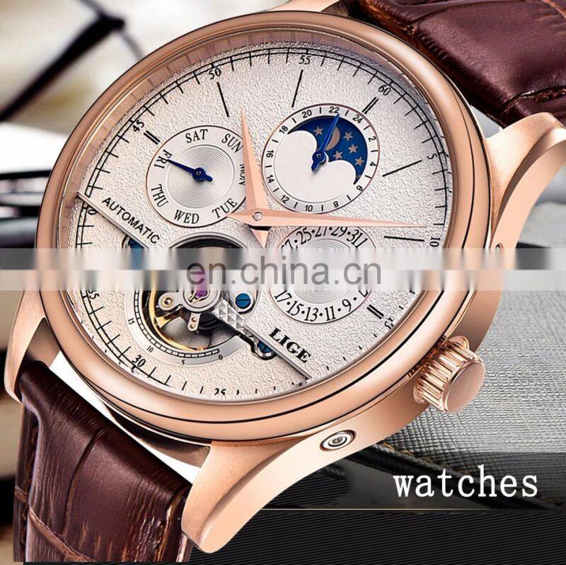 Lige 6826 Retro Men Mechanical Watches Tourbillon Waterproof Leather Top Brands Luxury Watch Automatic Mens