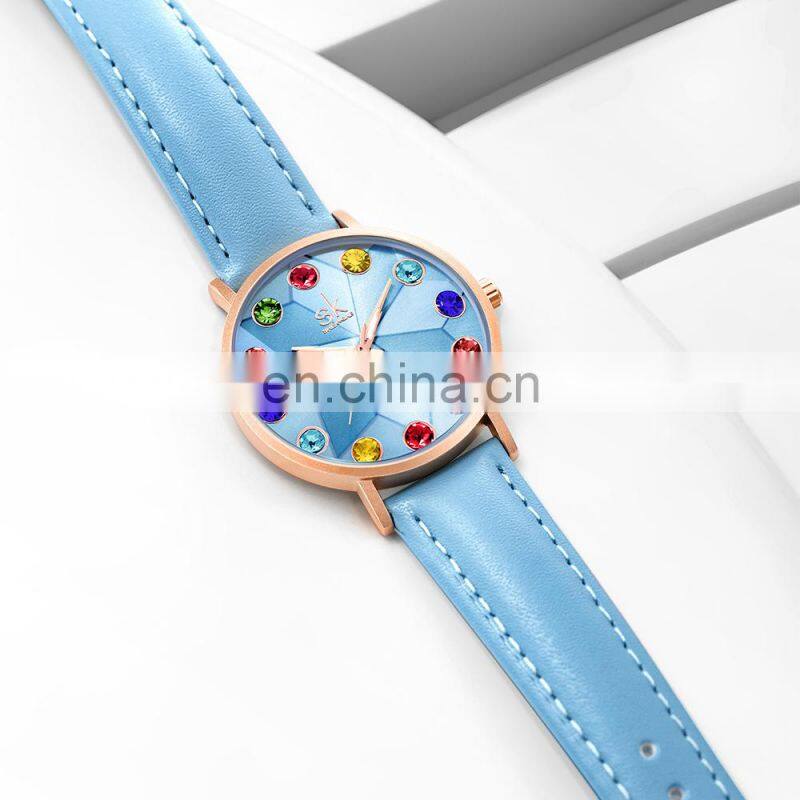 SHENGKE SK Woman Watch Drop Shipping Watches K0157L Blue Leather Wristwatch Japan Quartz Movement 2035 Big Stone Bling Dial
