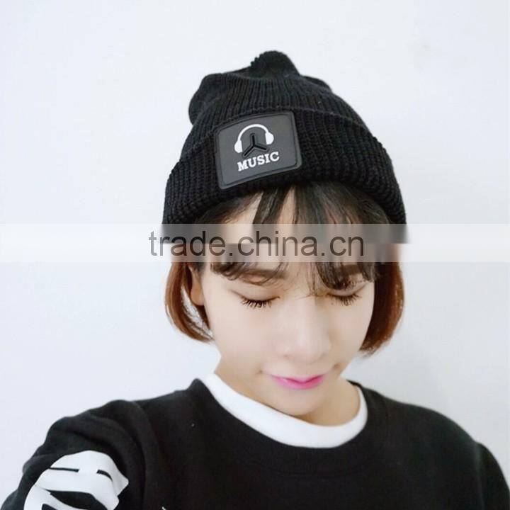 MUSIC Earphone Leather Applique Embroidery Beanie Cap for Man Women
