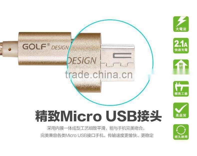 Original GOLF 3M Metal nylon weave Micro USB 2.1A Fast Sync And Charge cable for Android Mobile Phone