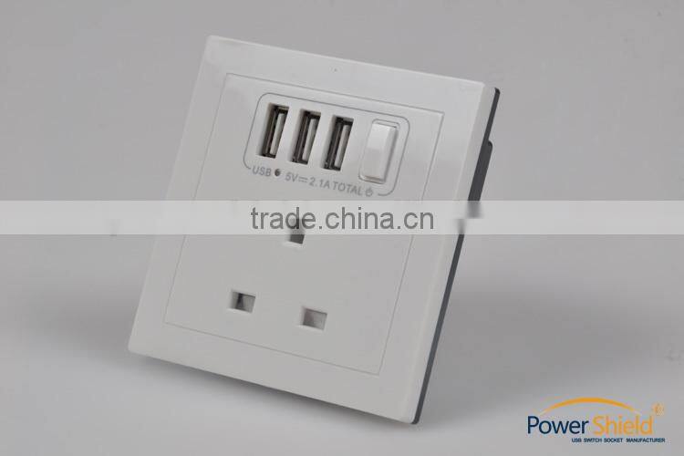 Type G Euro/UK Electrical Wall Mount Switch Socket with 3 USB outlet Ports 230V 13A BSi Standard